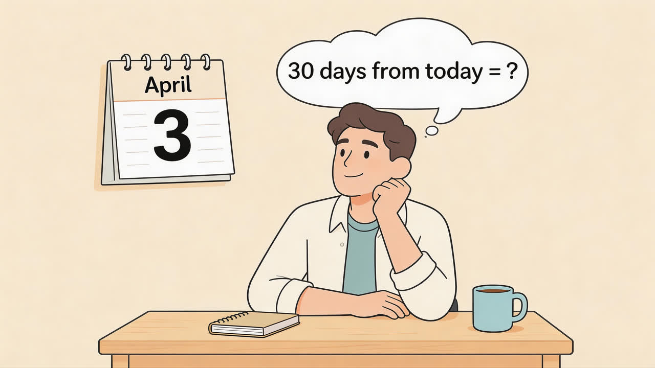 a person sitting at a desk looking at a wall calendar. Thought